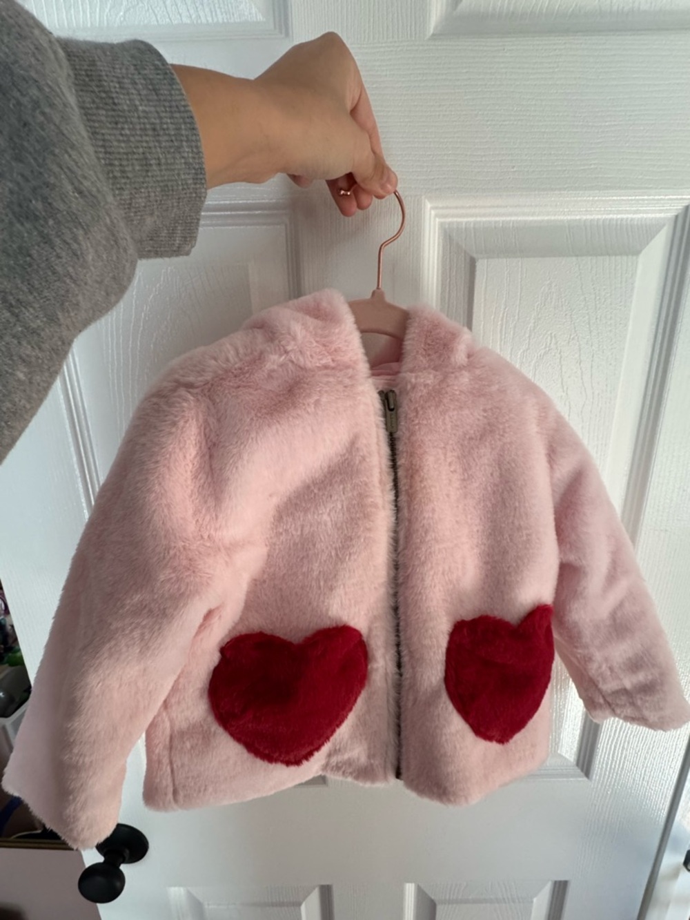 Old Navy Pink Faux-Fur Jacket with Red Heart Pockets